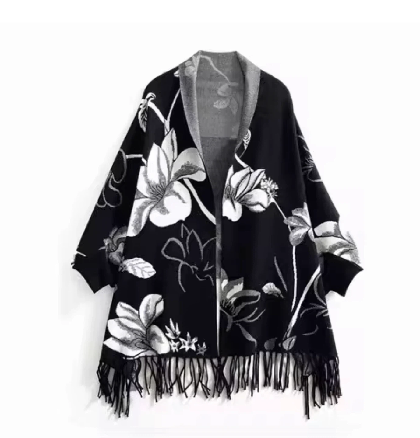 Floral Fringe Poncho Cardigan