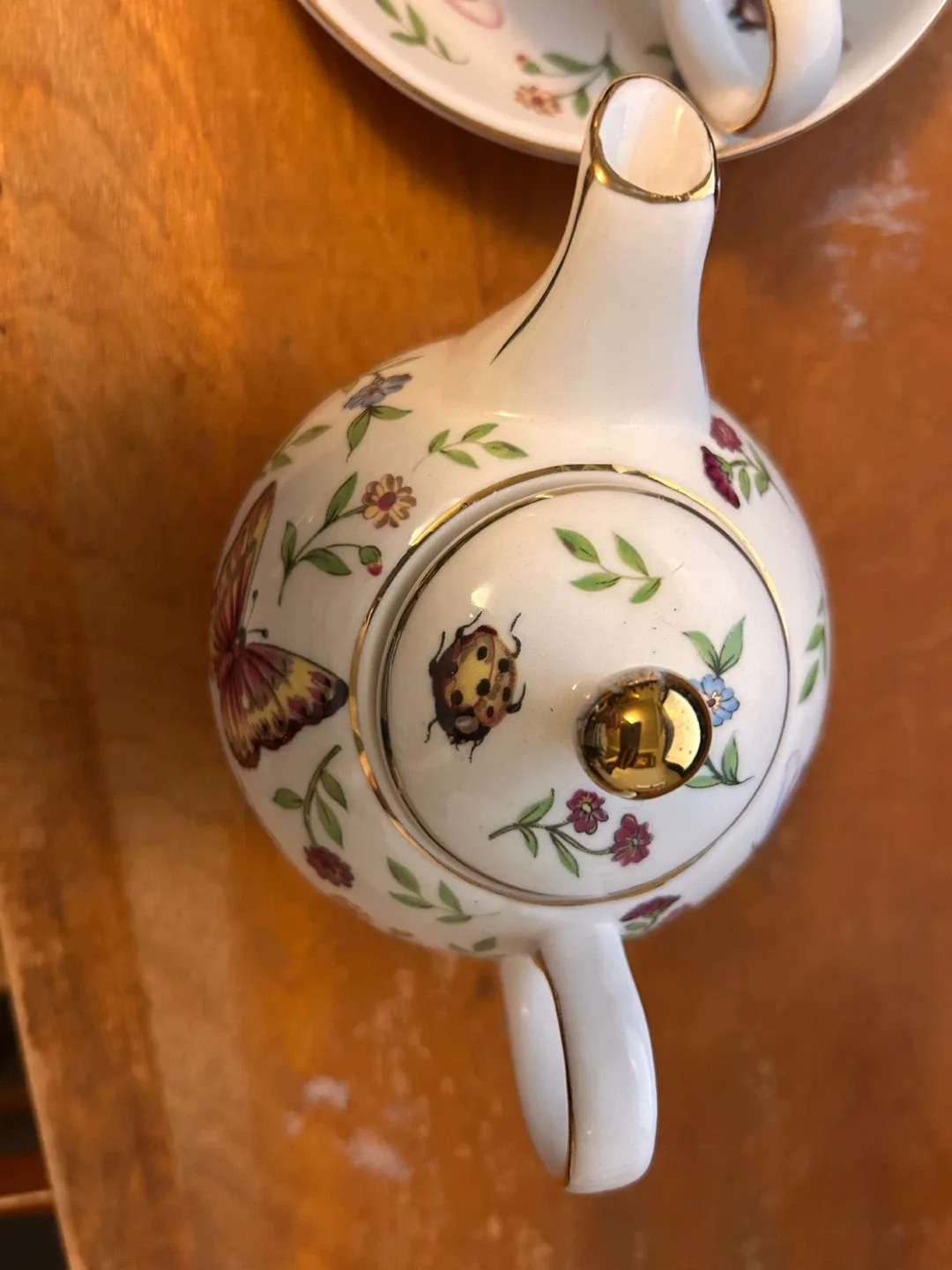 RESERVED Porcelain Tea-for-One Set – Butterfly & Gold Trim image indicator(4)