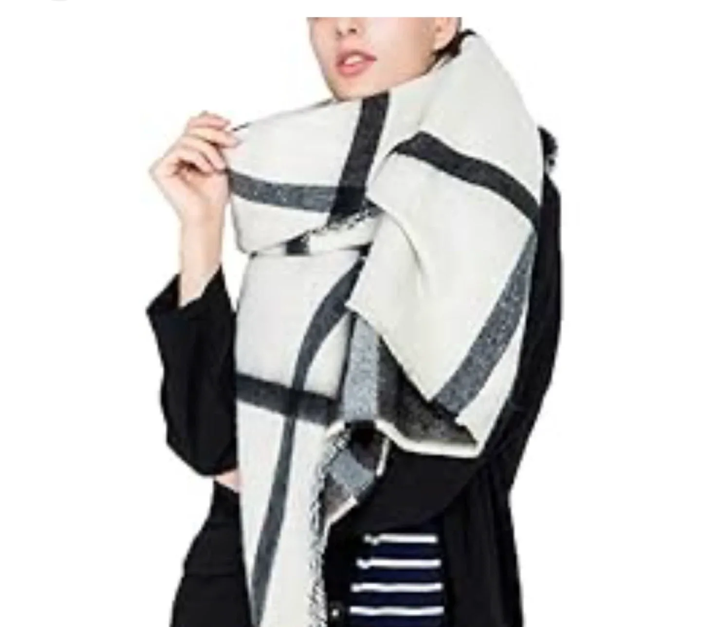 Beige & Black Plaid Blanket Scarf image indicator(2)