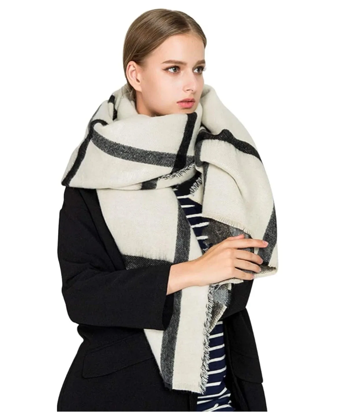 Beige & Black Plaid Blanket Scarf thumbnail