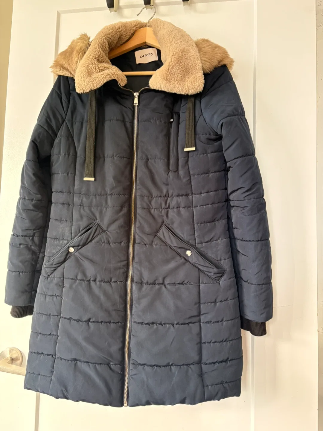 Orsay Blue Puffer Coat with Faux Fur Hood image indicator(6)
