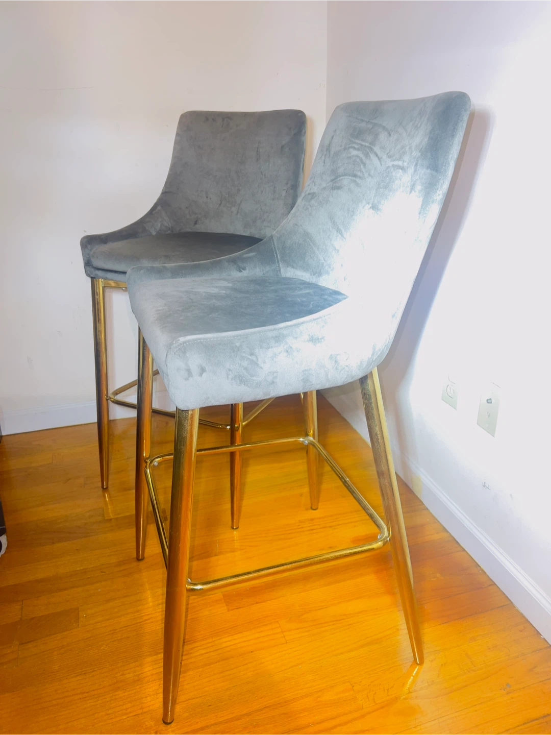 Set of 2 Gray Velvet Bar Stools - photo 3