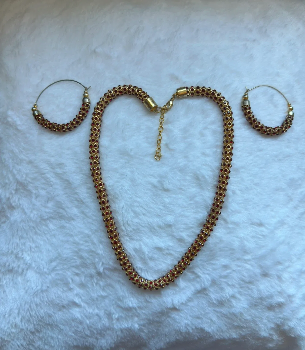 Gold & Red Beaded Necklace and Earring Set thumbnail