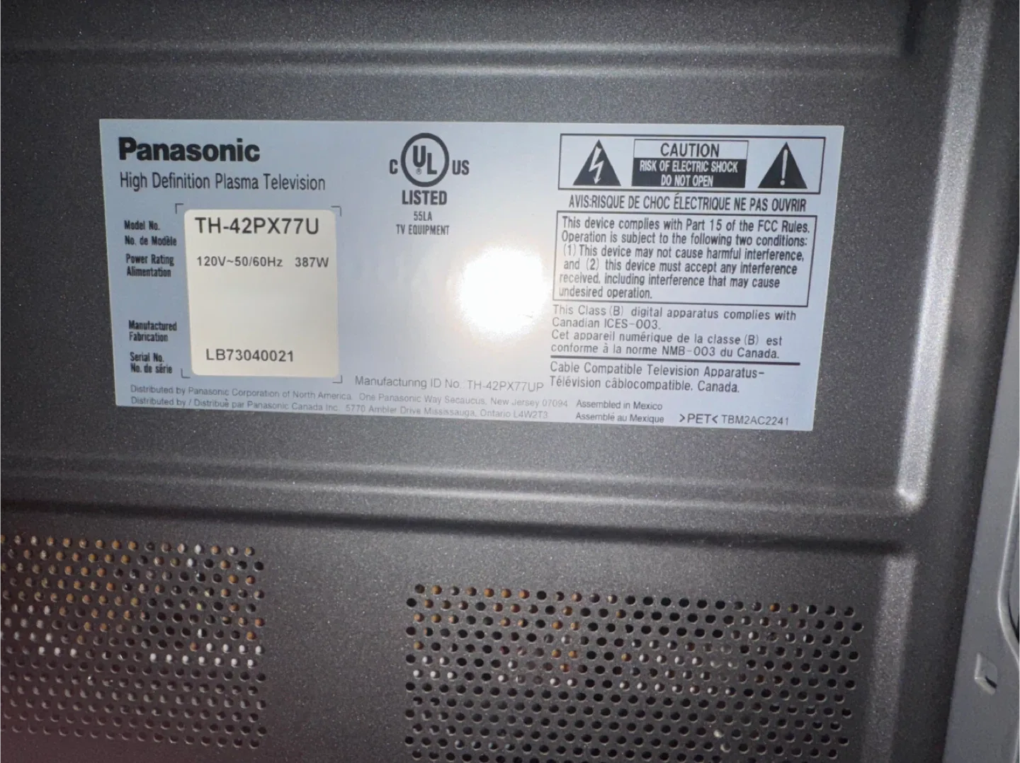 Panasonic TH-42PX77U 42" Plasma TV image indicator(2)