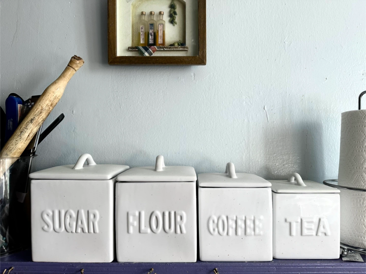 White Ceramic Kitchen Canisters - Sugar, Flour, Coffee, Tea