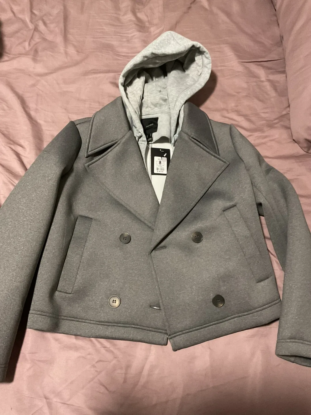Forever 21 Grey Hooded Peacoat Size M thumbnail