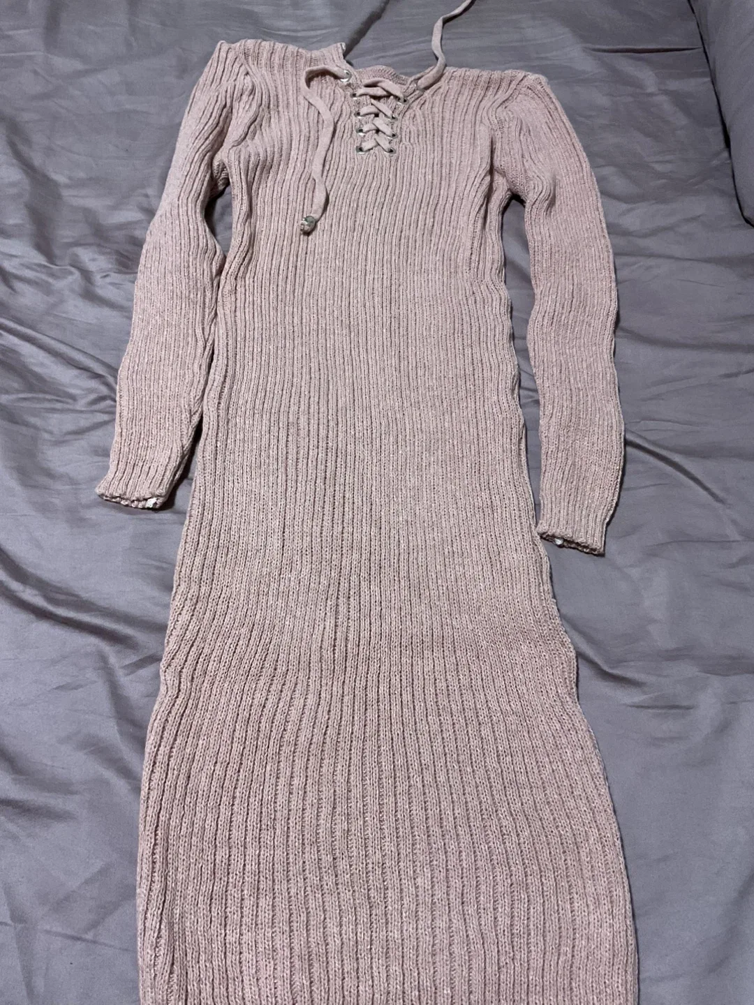 Ribbed Knit Dress - Long Sleeve, Beige thumbnail