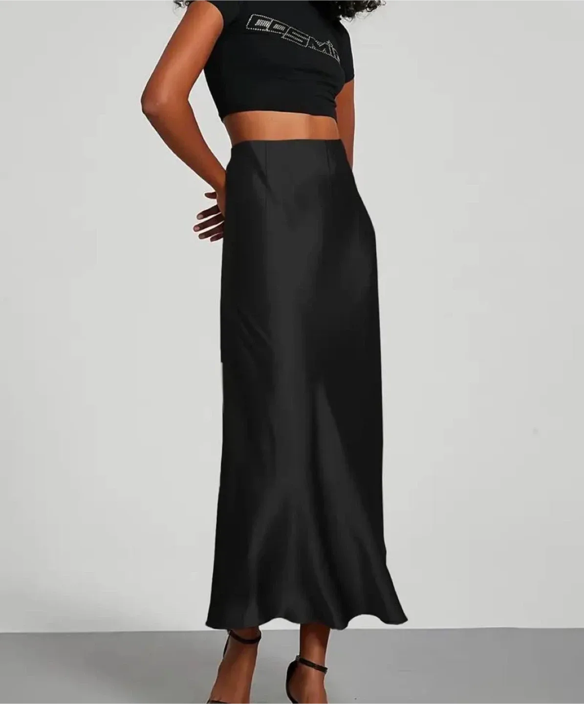 Black Satin Midi Skirt, size S thumbnail