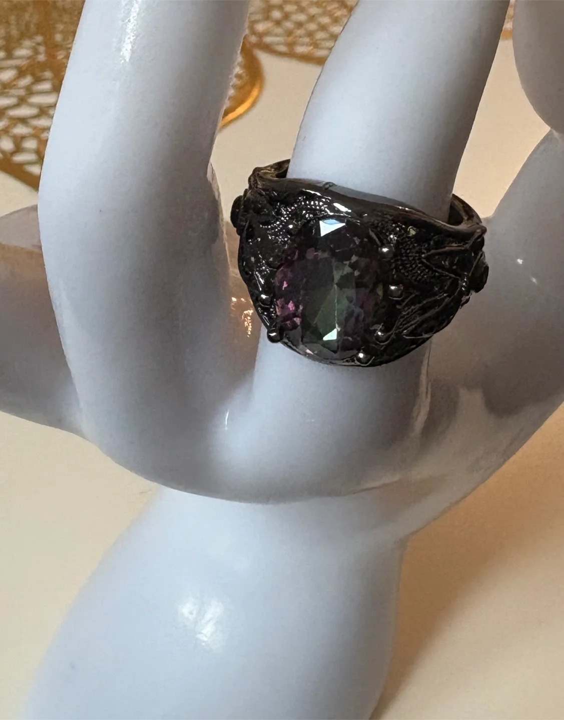 Beautiful Iridescent Stone Ring - Black Metal! Size 7 image indicator(3)