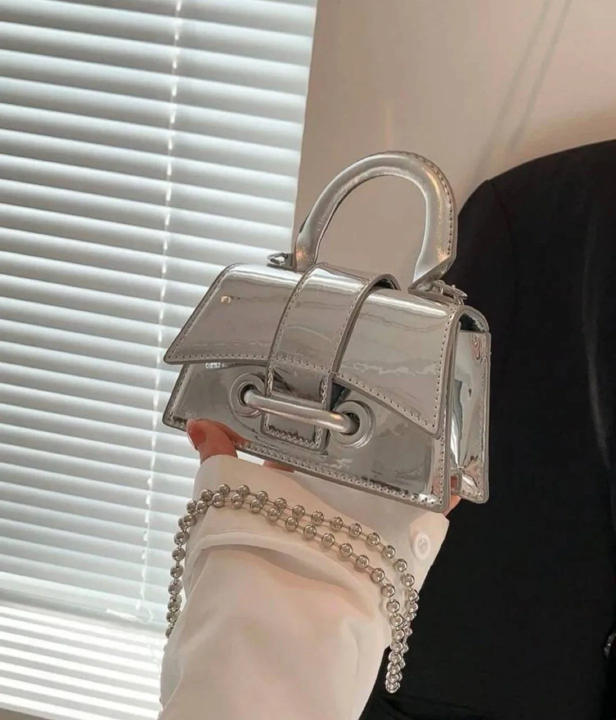Silver mini mirror bag with chain strap thumbnail