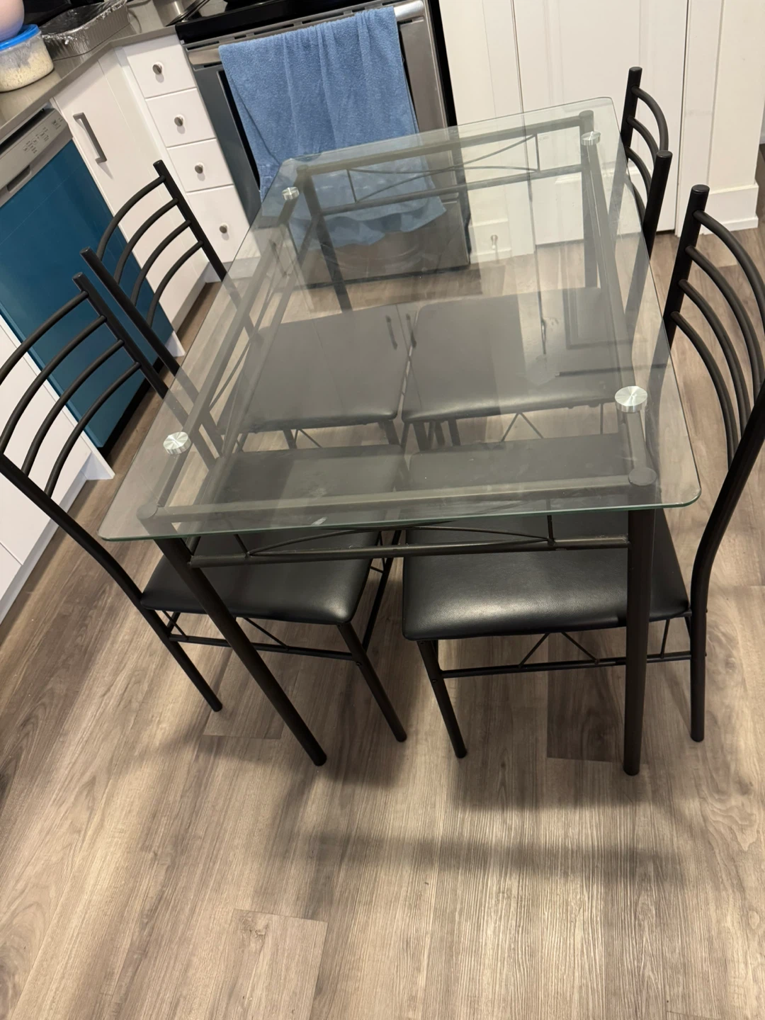Glass Top Dining Table with 4 Chairs - Black Frame