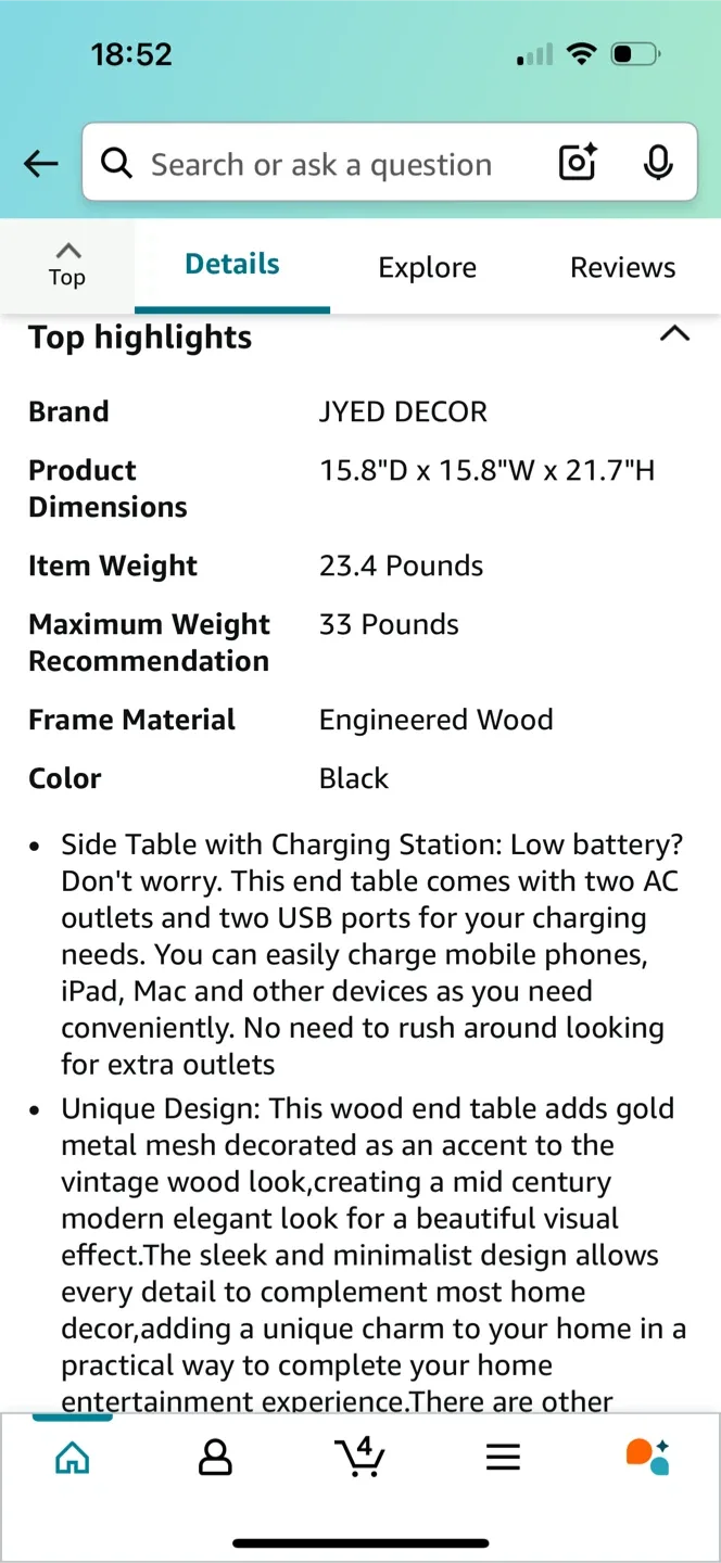 JYED DECOR Black Side Table w/ Charging Station image indicator(2)