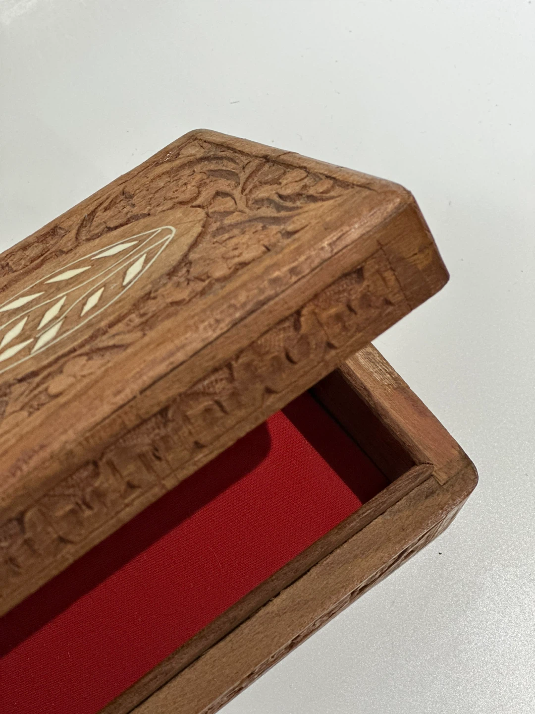 Wooden Carved Box with Red Interior