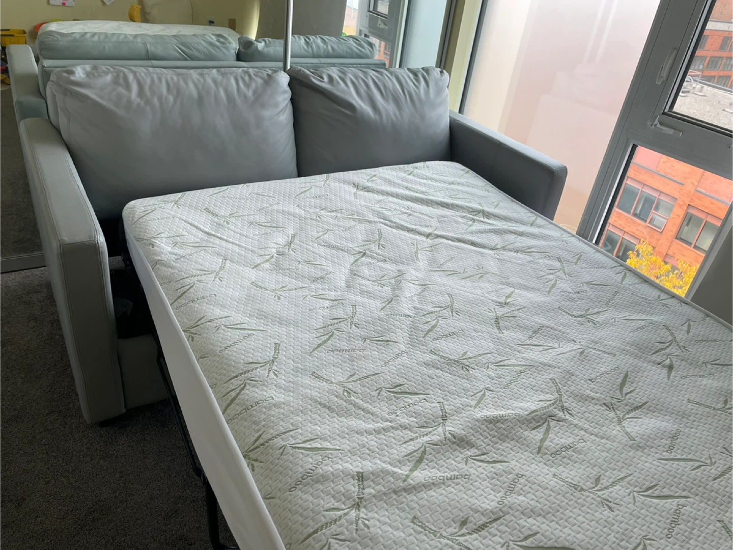 Leather Light Grey Sofa with pull out bed (mattress included) - photo 5