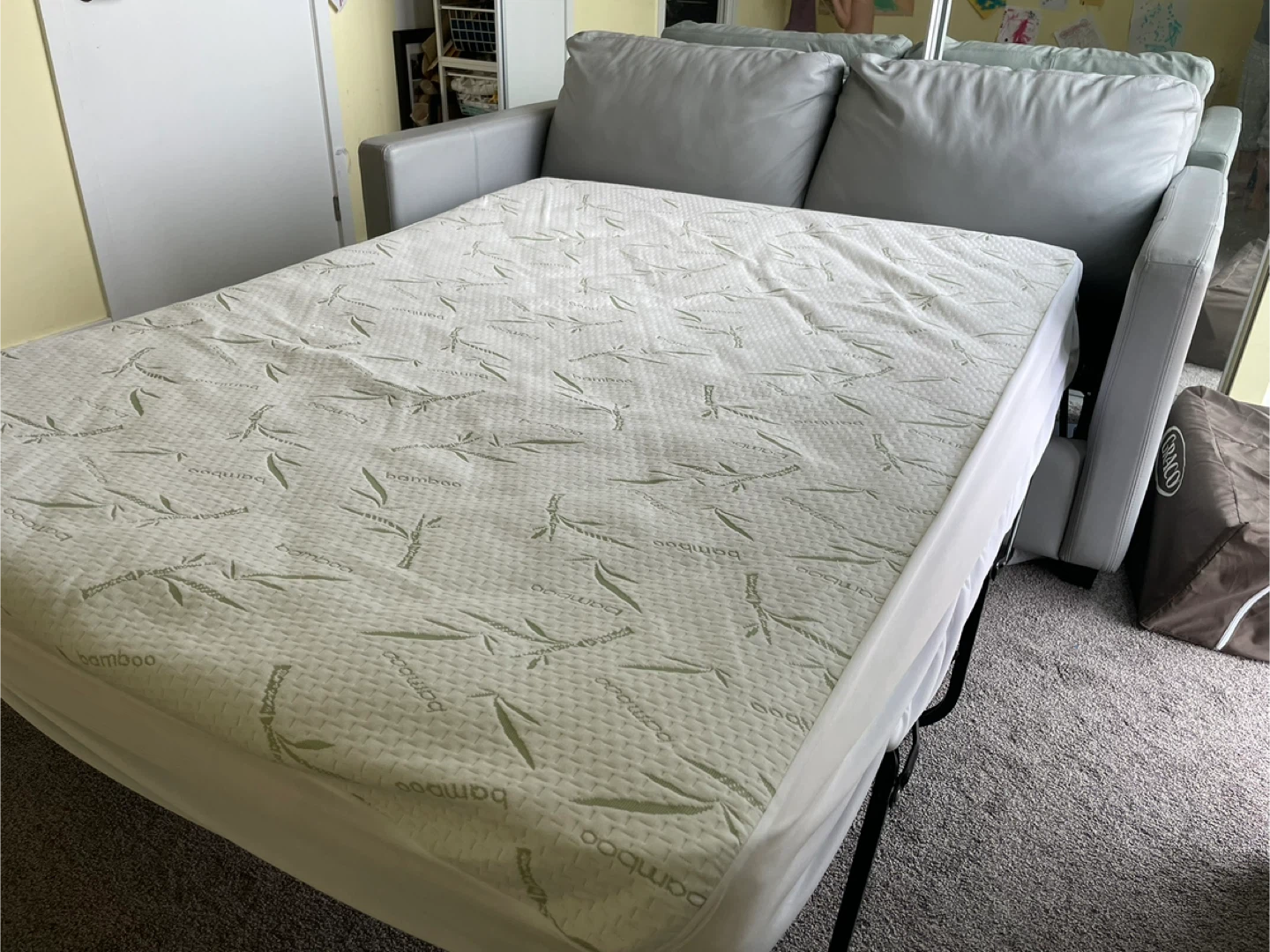 Leather Light Grey Sofa with pull out bed (mattress included) - photo 2