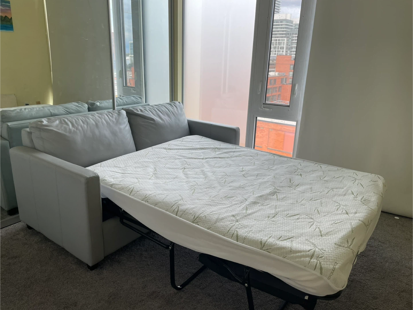 Leather Light Grey Sofa with pull out bed (mattress included) - photo 4