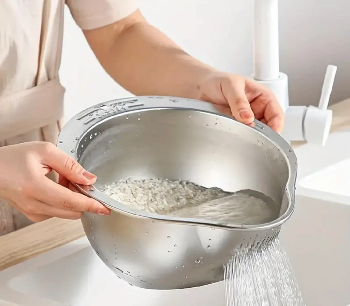 Stainless Steel Rice Washing Bowl with Drainer