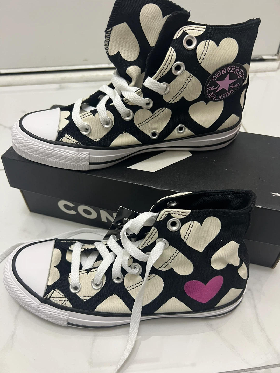 Converse All Star Heart Print High Tops - Size 5