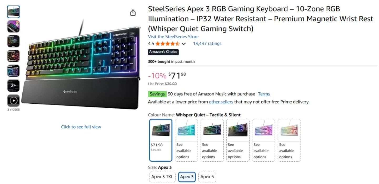 SteelSeries Apex 3 RGB Gaming Keyboard thumbnail