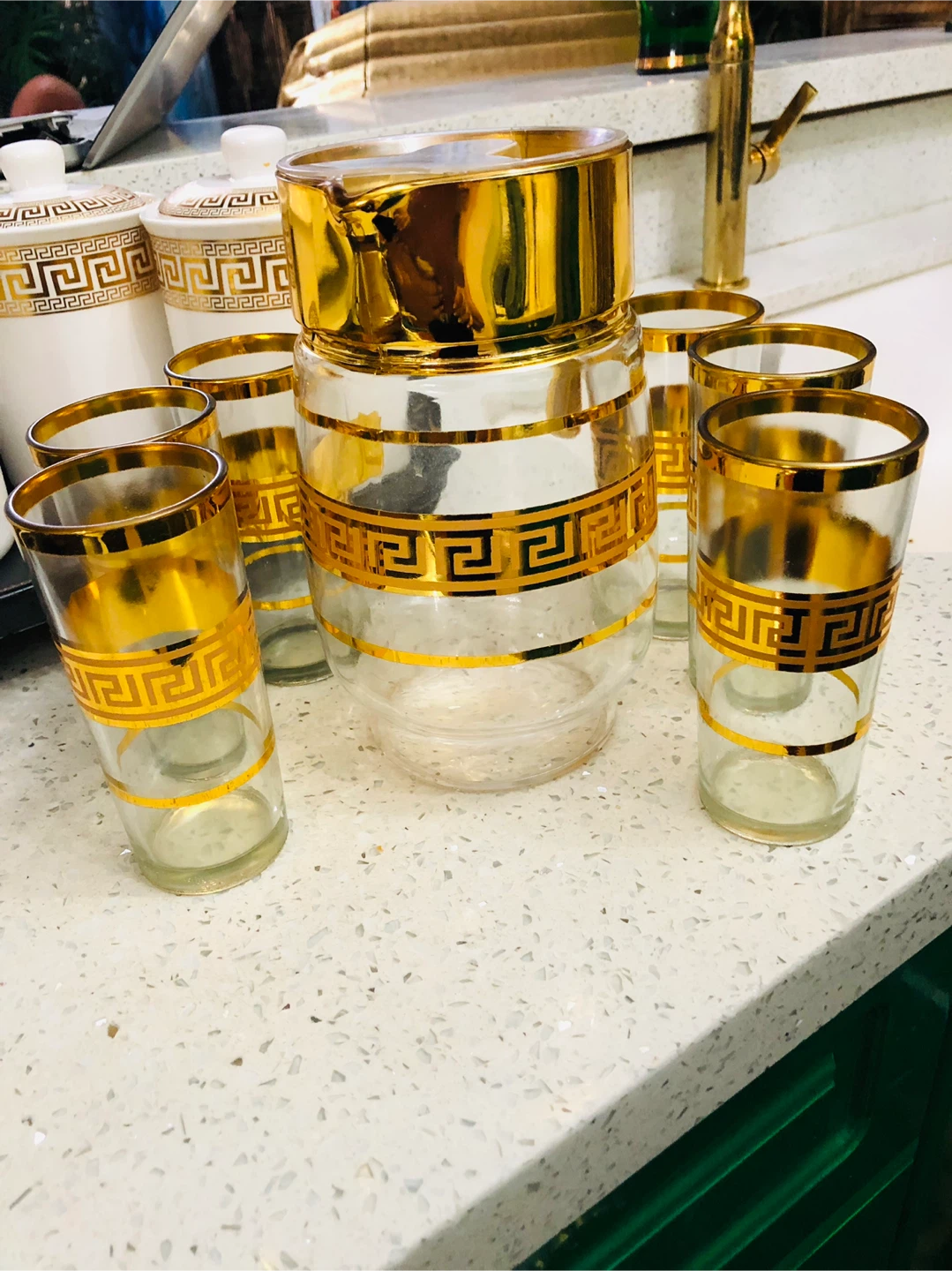 Versace Style Glass Pitcher & 6 Glasses