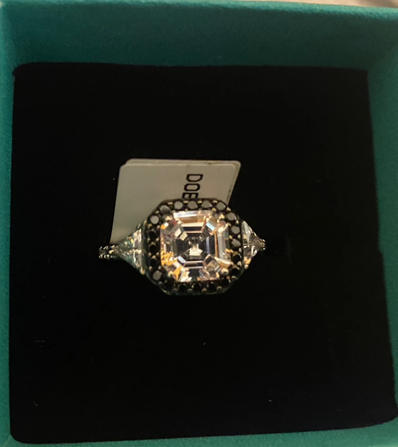 White & Black Cubic Zirconia Asscher Cut Ring