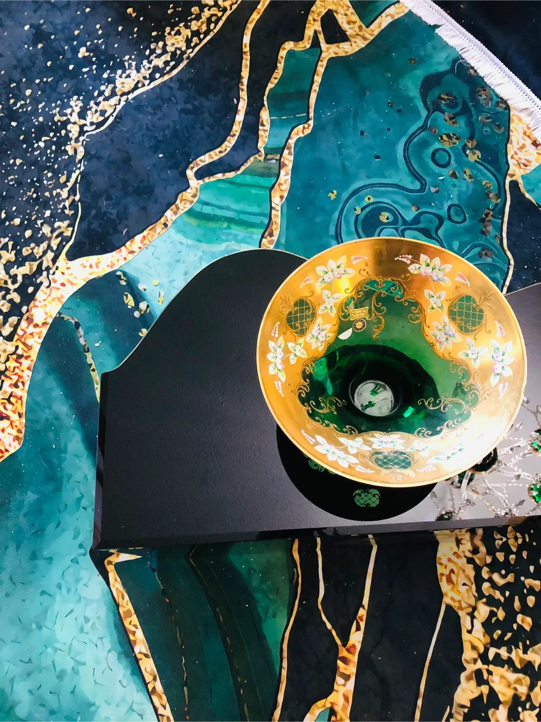 Egermann Bohemia Green Glass Bowl 24k gold thumbnail