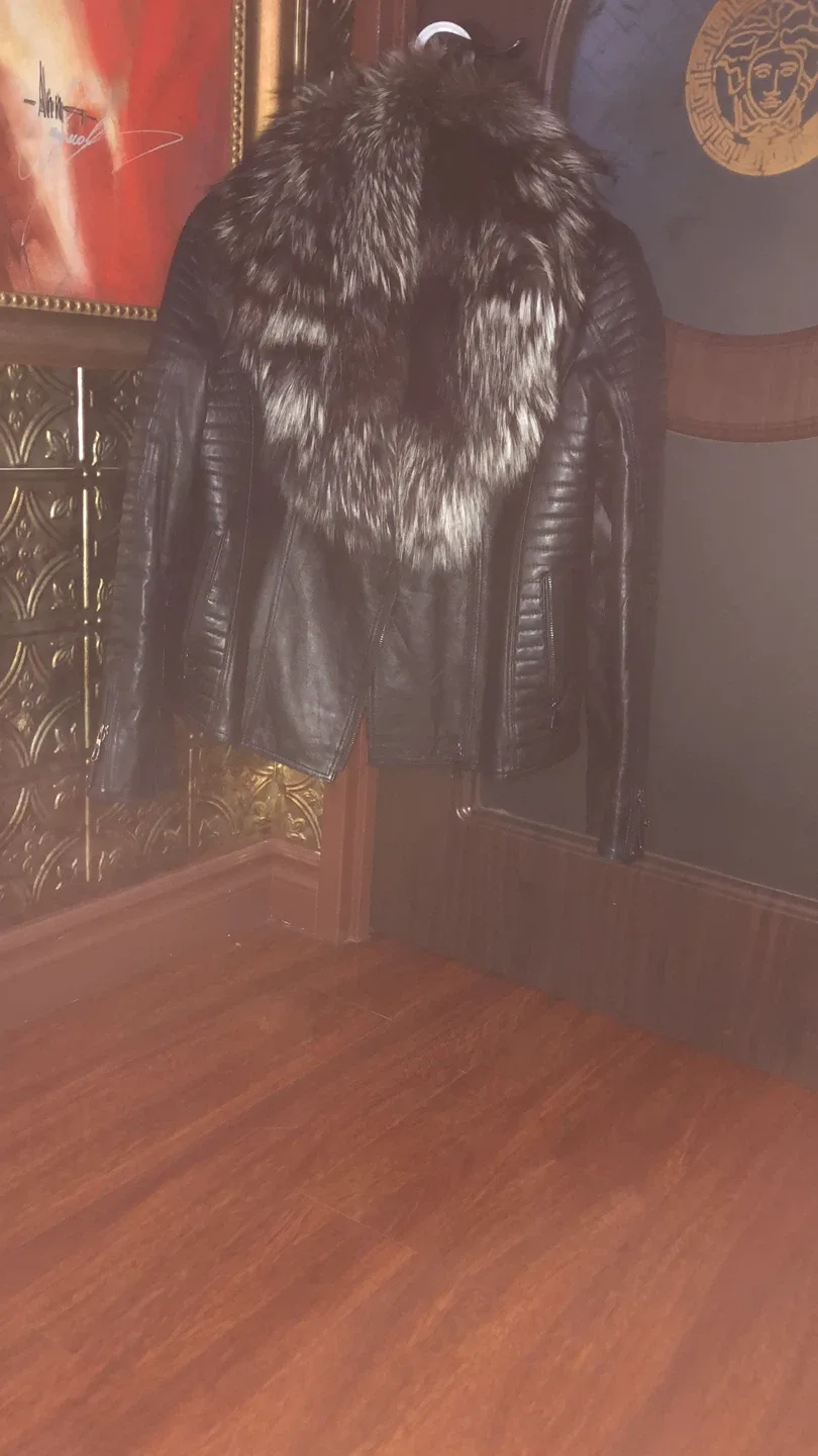 Leather Jacket with Black fox  Fur Collar L/M thumbnail