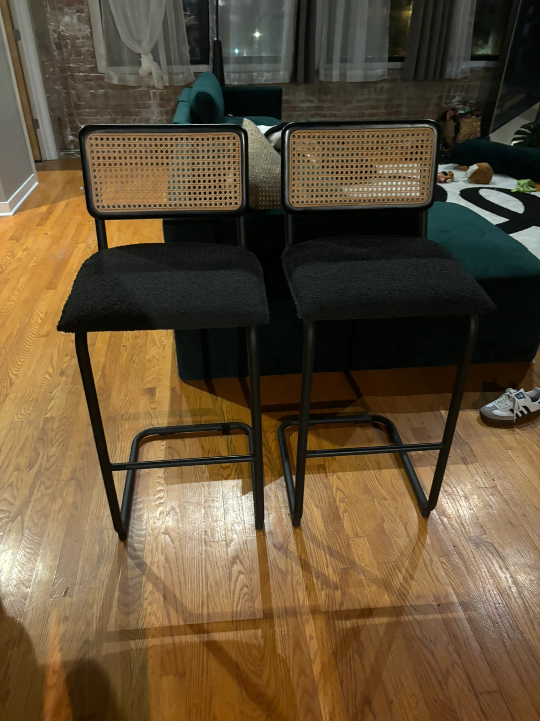 2 Black Rattan Bar Stools