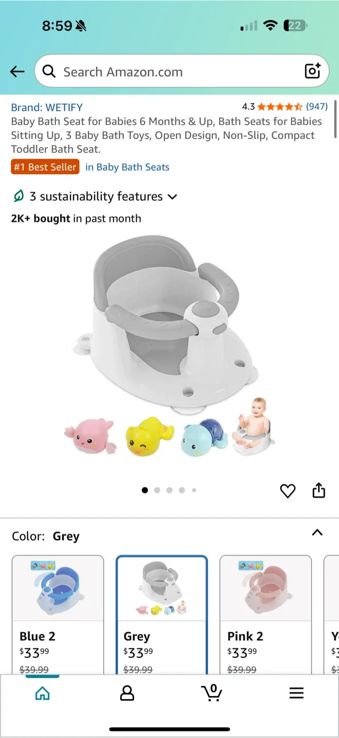 WETIFY Baby Bath Seat - Grey - New thumbnail
