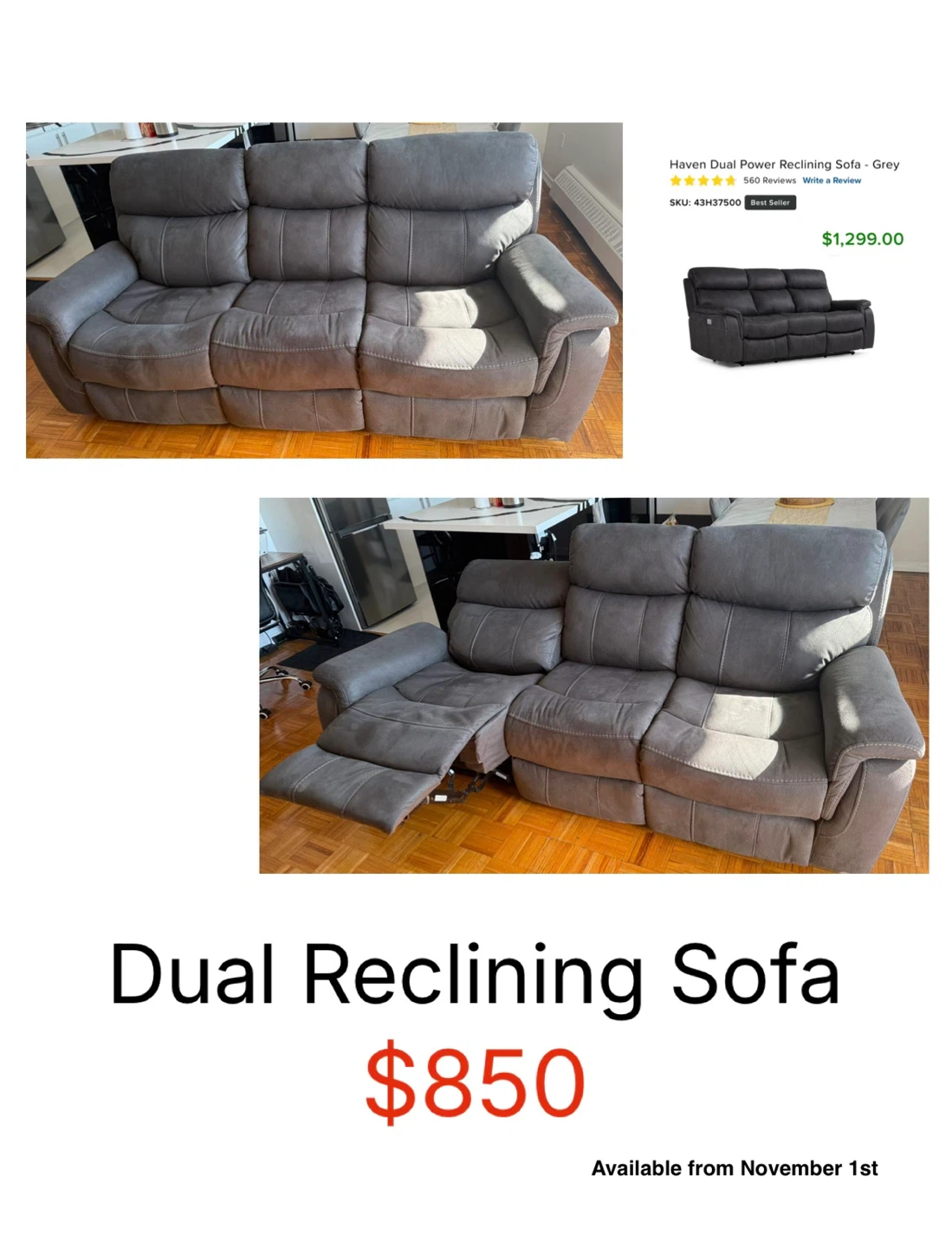 Haven Dual Power Reclining Sofa - Grey