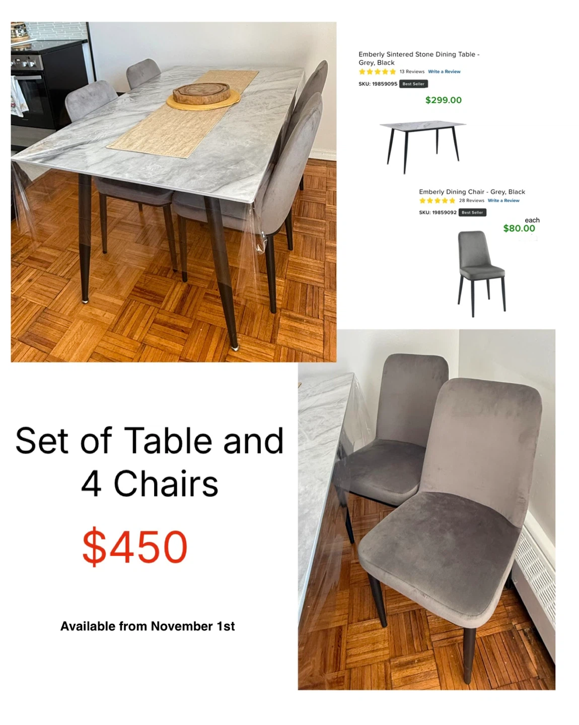 Emberly Dining Table + 4 Chairs - Grey/Black