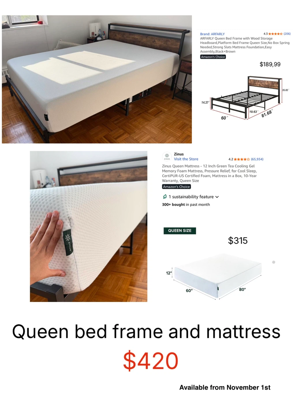 Zinus Queen Mattress & ARFARLY Bed Frame