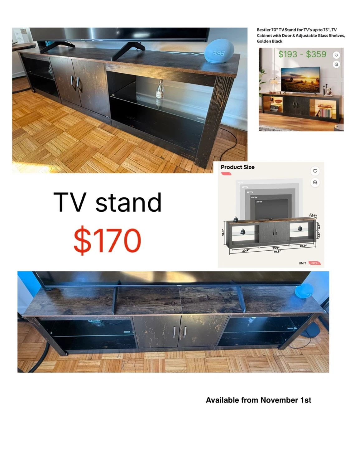 Bestier 70" TV Stand, Golden Black