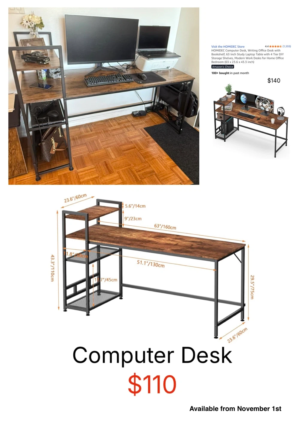 HOMIDEC Computer Desk with Bookshelf