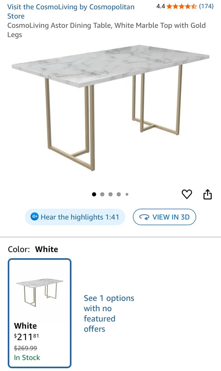 CosmoLiving Astor Dining Table - White Marble & Gold image indicator(3)