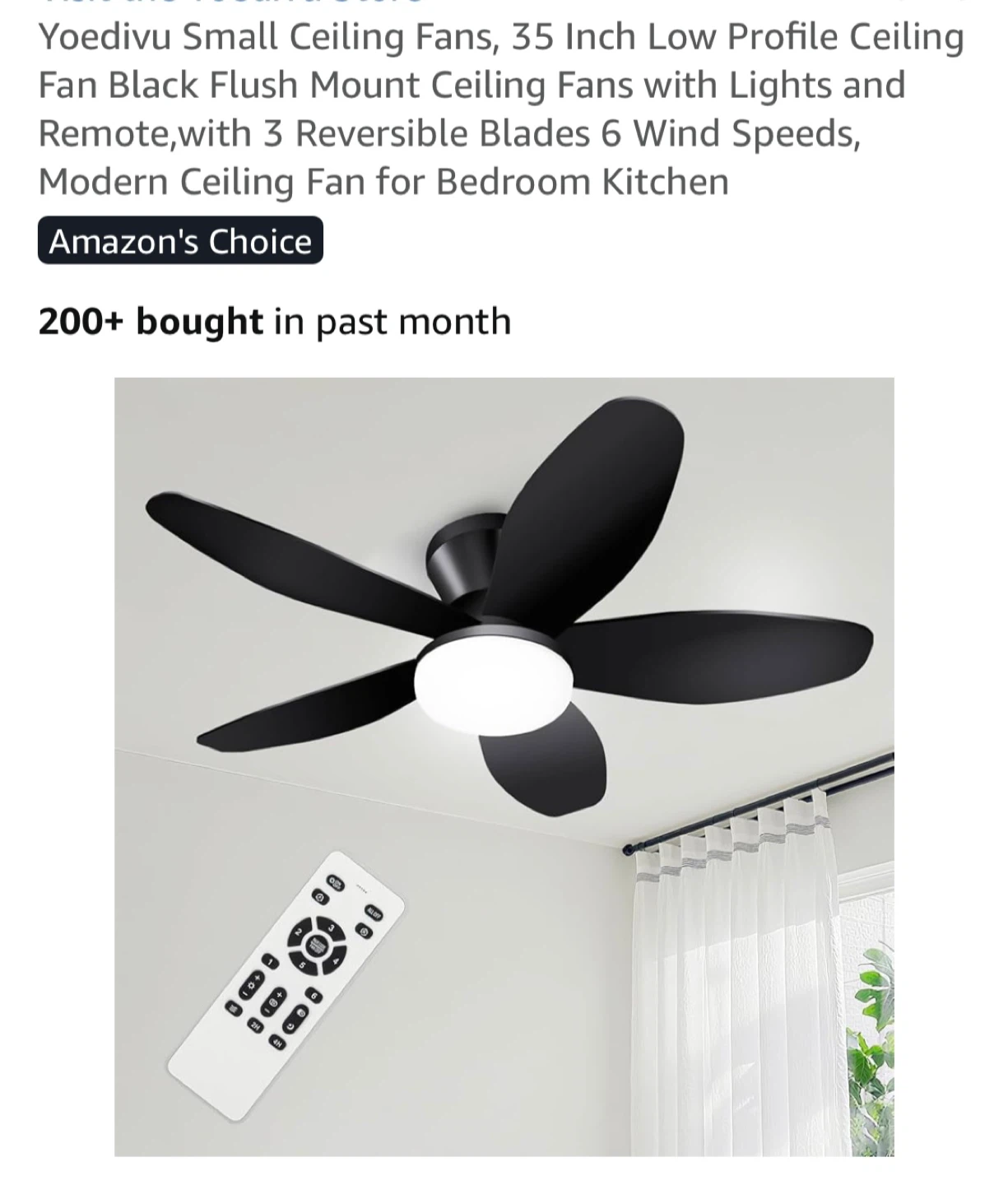 Yoedivu 35 Inch Low Profile Ceiling Fan - Black