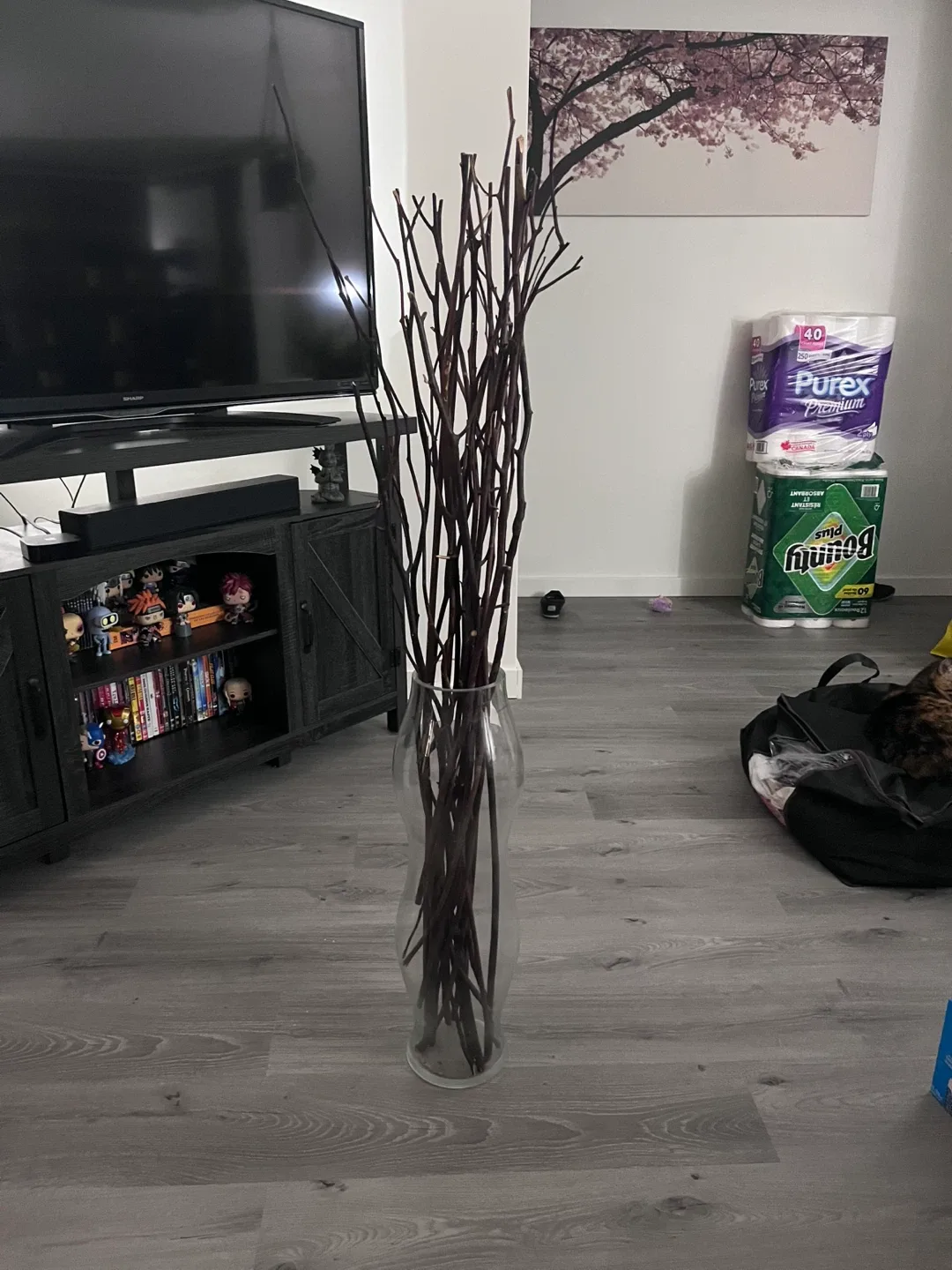 Tall Clear Glass Vase with Reddish/Brown Branches