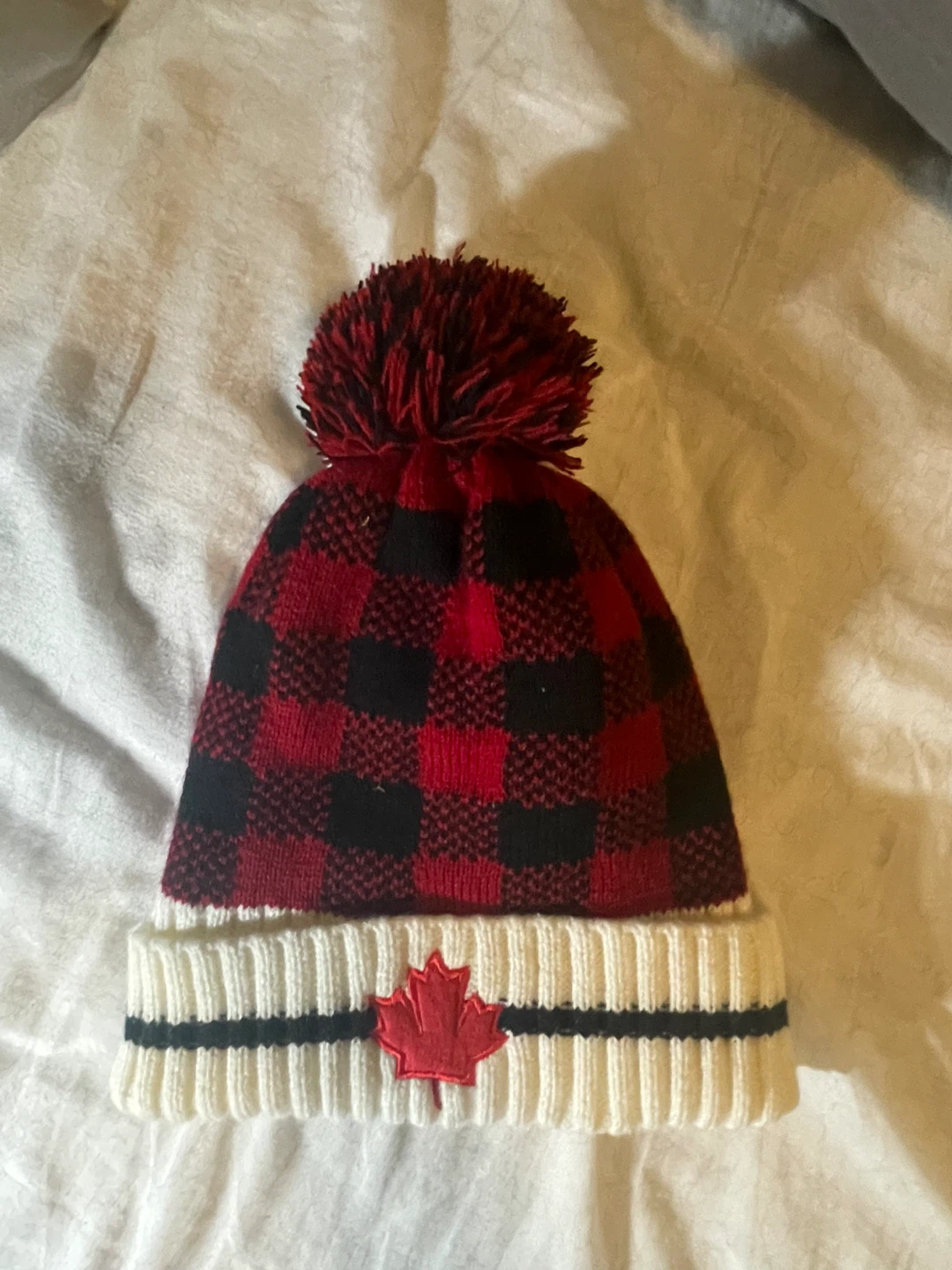 Red & Black Plaid Toque with Pom Pom