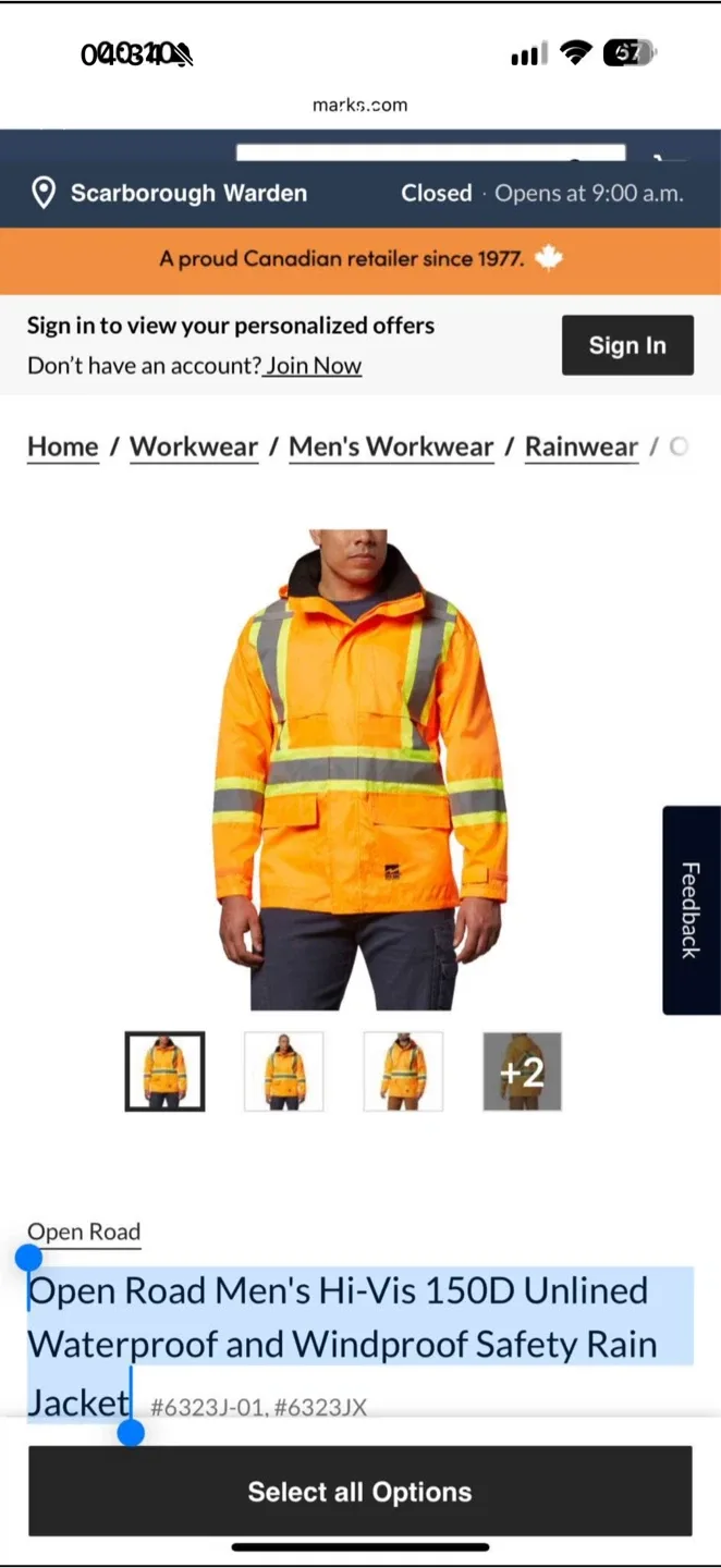 Open Road Men's Hi-Vis Safety Rain Jacket - Medium