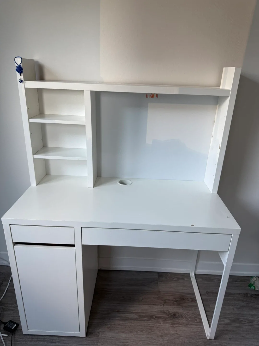 IKEA White Micke Desk with add-on shelf unit