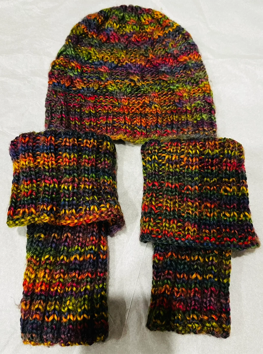 Hand-Knitted Hat and Wrist Warmer Set - Multicolor