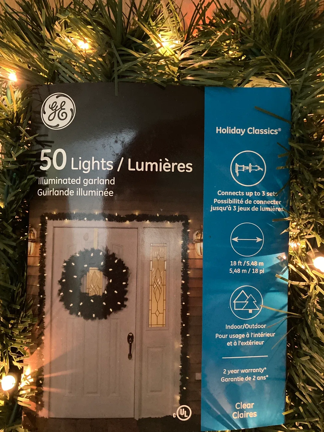 GE Holiday Classics 50 Lights Illuminated Garland - 18 ft
