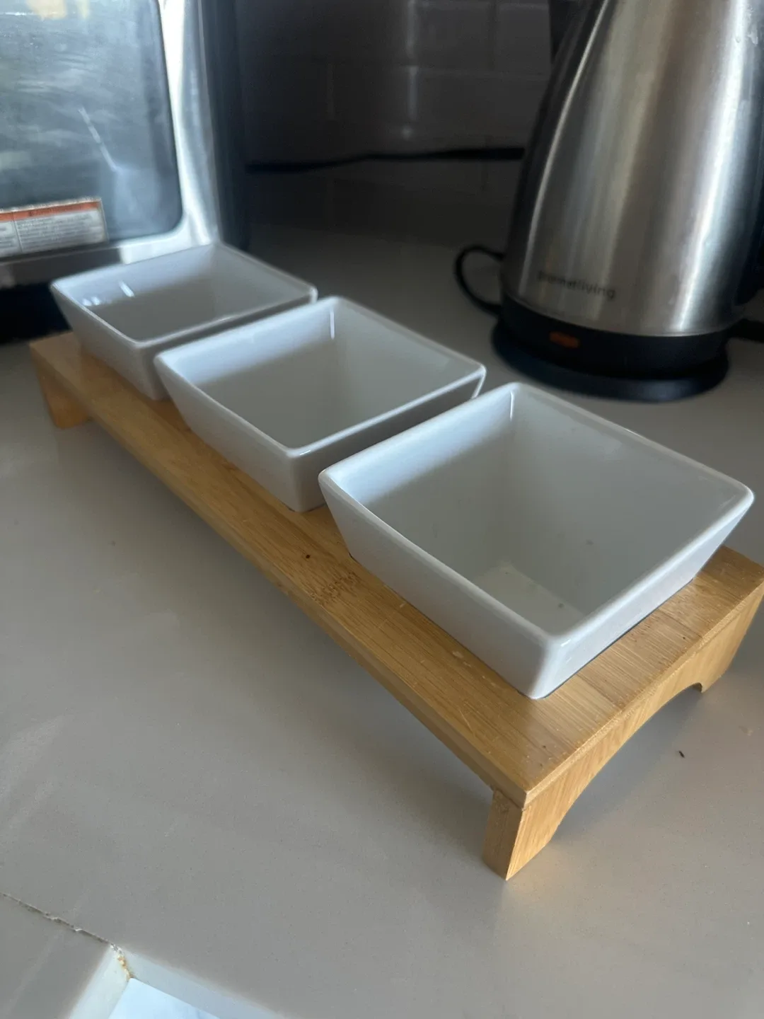 White Ceramic Condiment Bowls with Bamboo Tray thumbnail