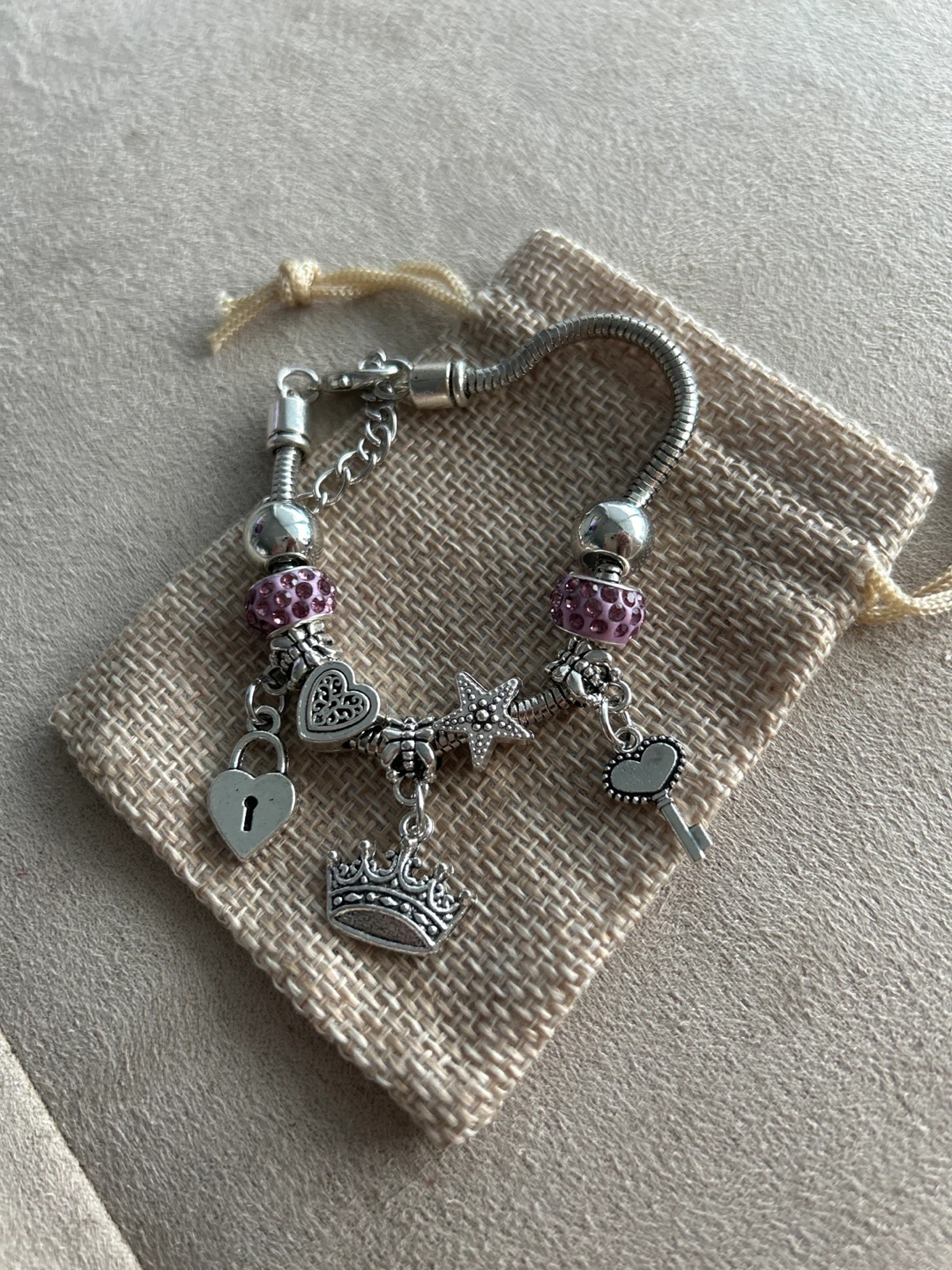 Charm Bracelet with Heart, Star, Crown Charms