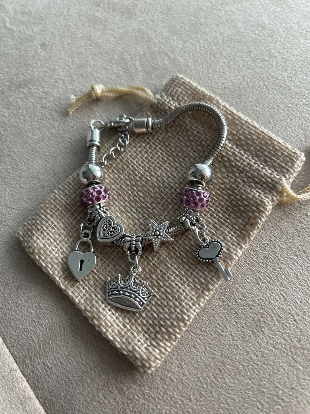Charm Bracelet with Heart, Star, Crown Charms thumbnail