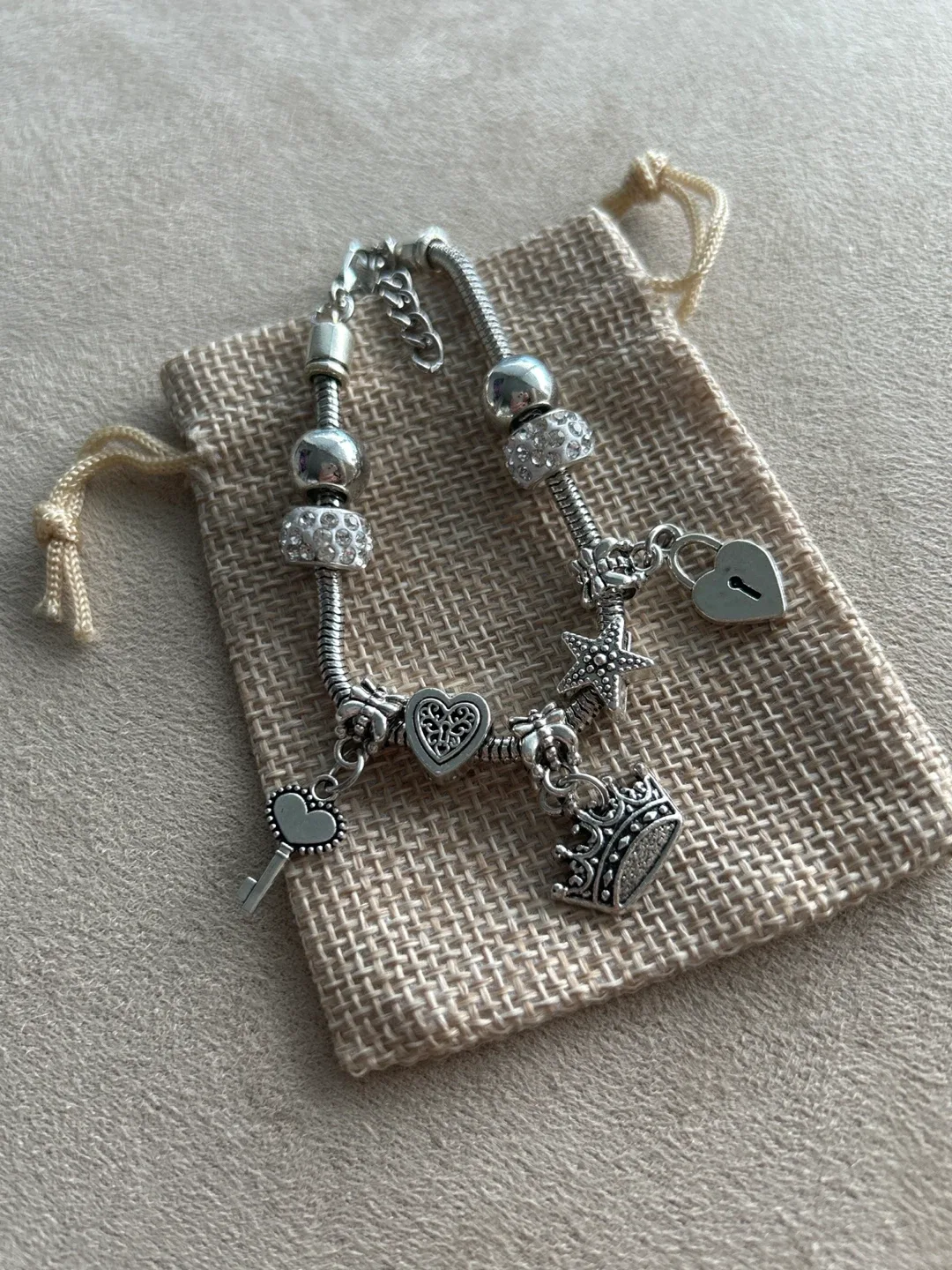 Silver Charm Bracelet with Crown and Heart Charms thumbnail