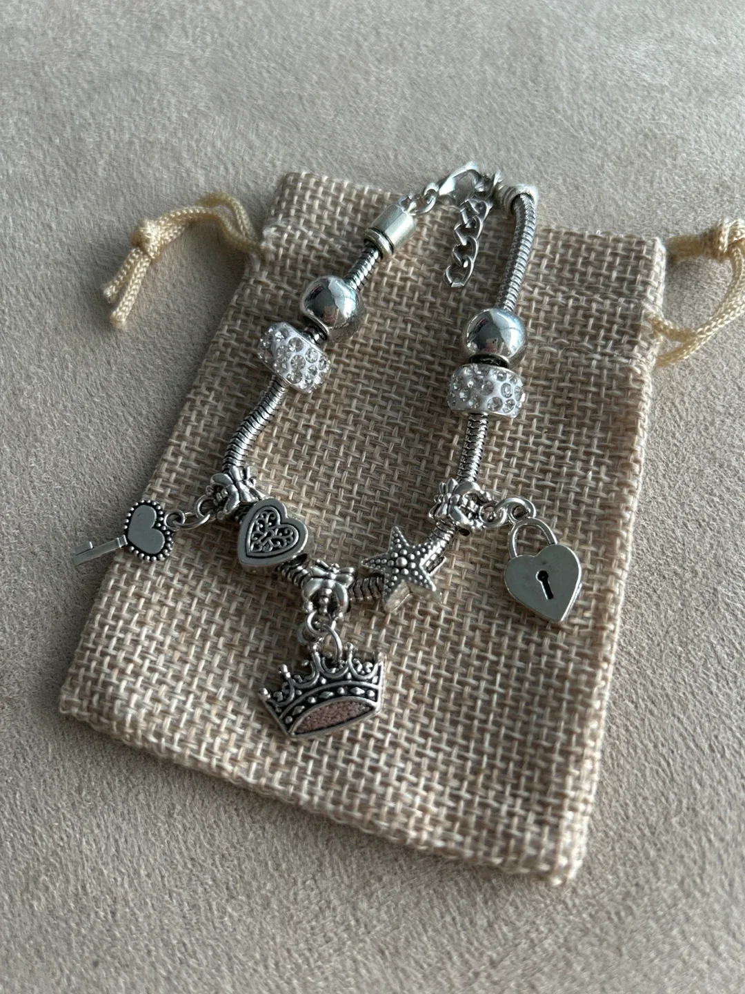 Silver Charm Bracelet with Crown and Heart Charms image indicator(2)