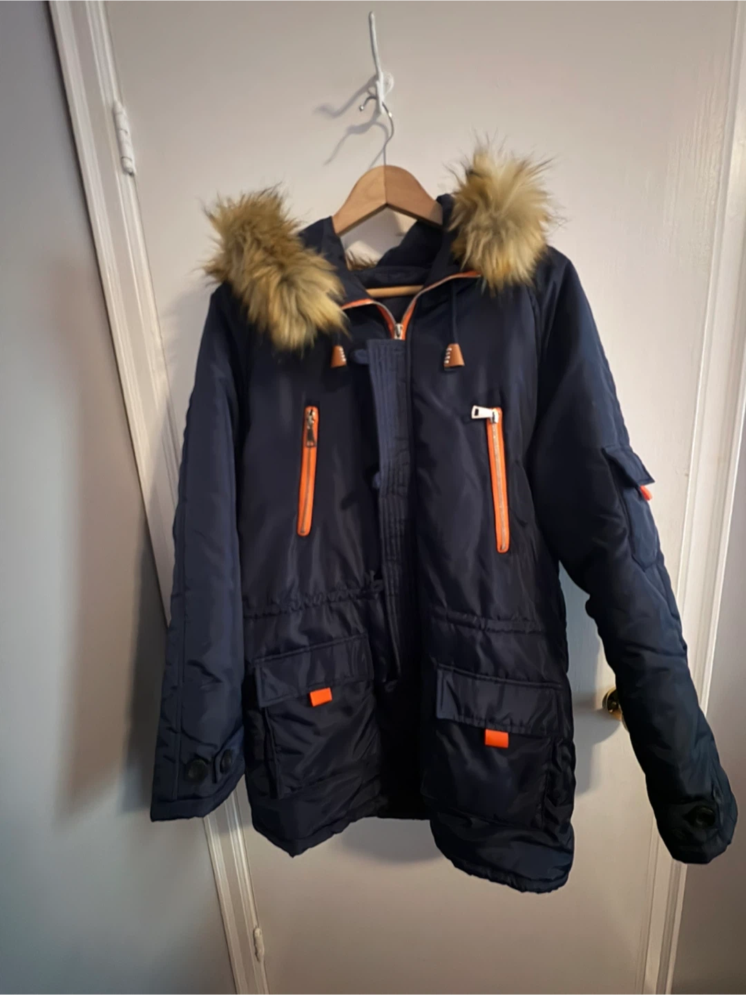 Navy Blue Winter Parka with Fur Hood