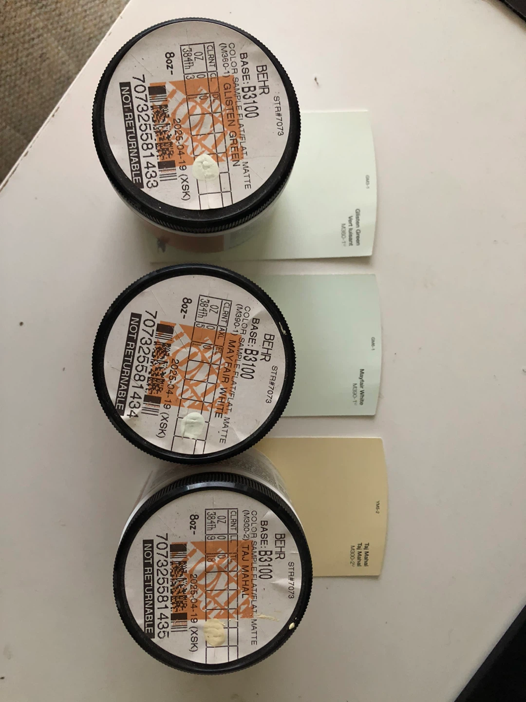 Behr Paint Samples - Glisten Green, Mayfair White, Taj Mahal