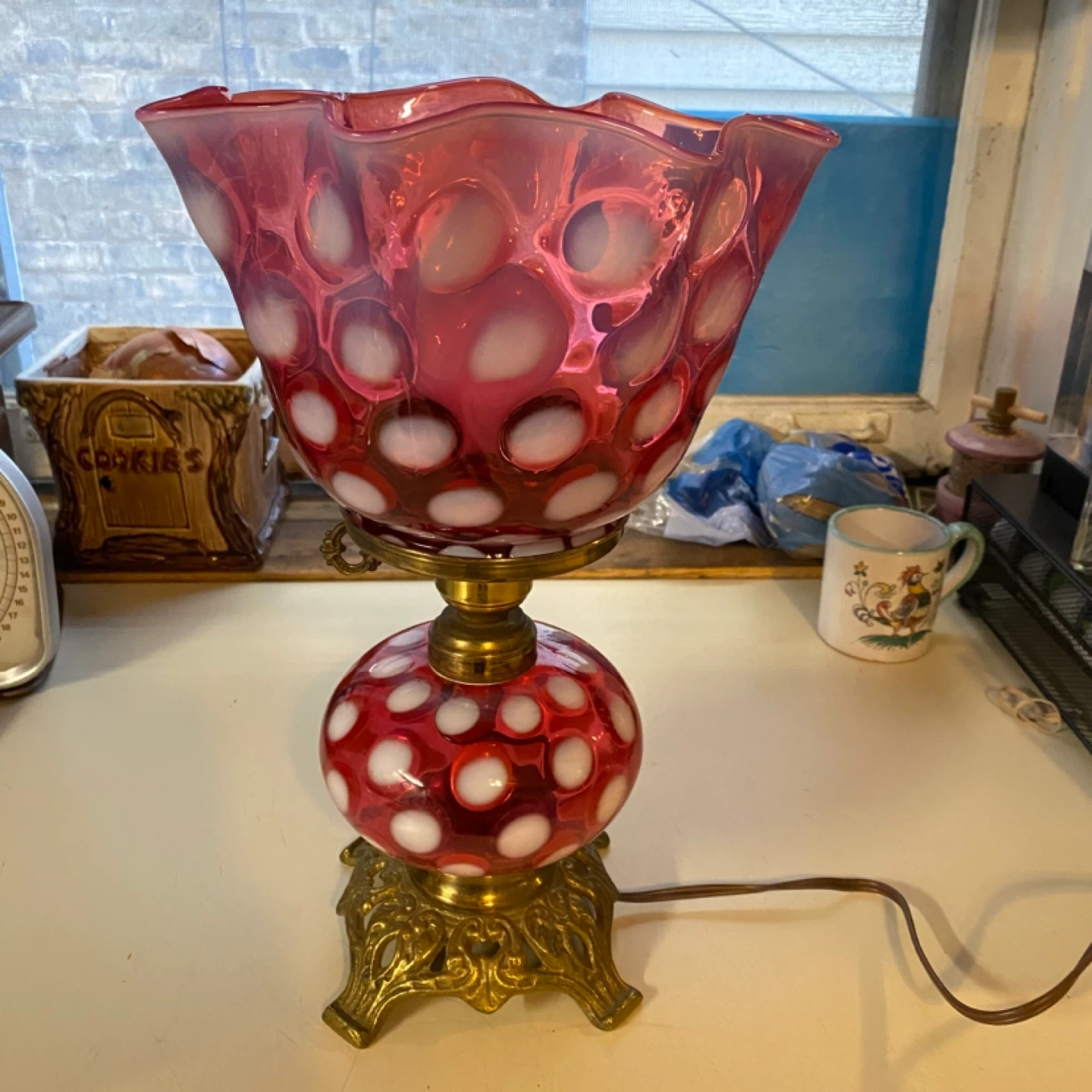 Fenton Cranberry Opalescent Coin Dot Table Lamp.